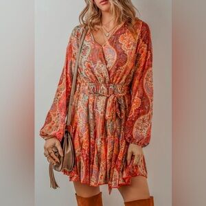 Paisley Print Long Sleeve Dress